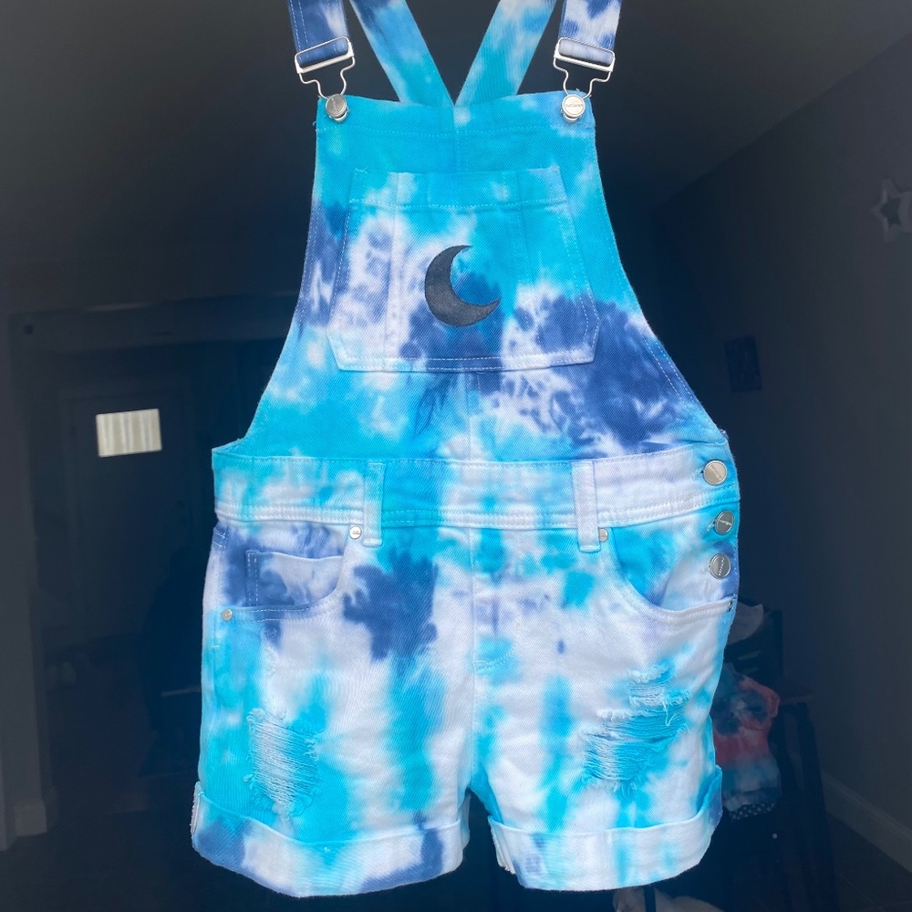 Tie dye blue moon dungarees overalls shortalls size 6 US s/m hippie denim